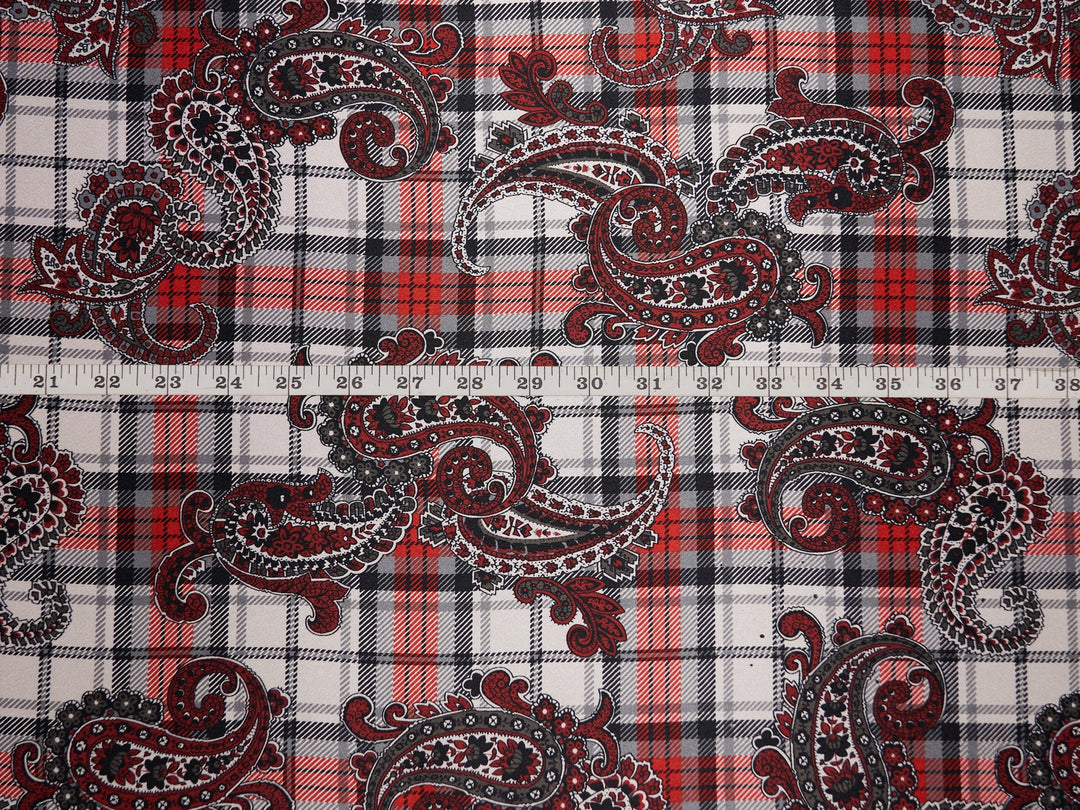 Charmeuse satin fabric by the yard -  Black and red paisley plaid print