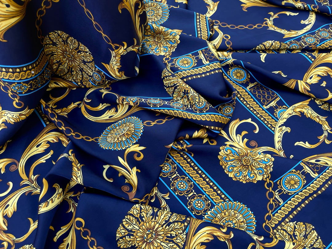 Faux silk charmeuse satin fabric by the yard - Blue floral and gold chains print