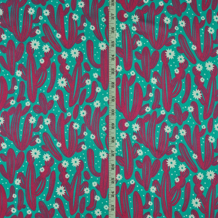 Charmeuse Satin print fabric by the yard - Cactus and dainty flowers - western print