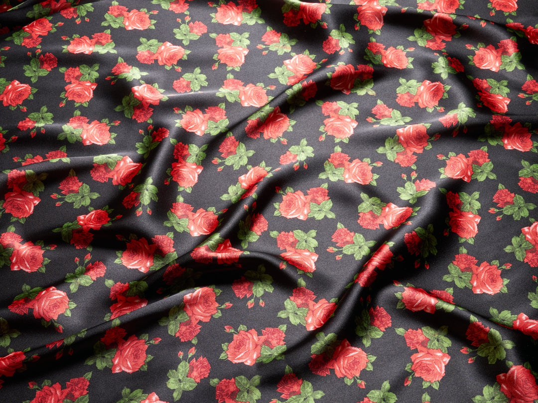 Charmeuse Satin fabric by the yard - Black and red rose floral print