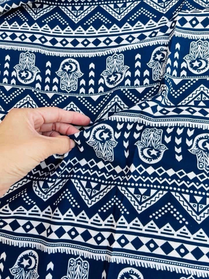 Woolpeach tribal boho fabric by the yard - Navy white tribal hamsa print