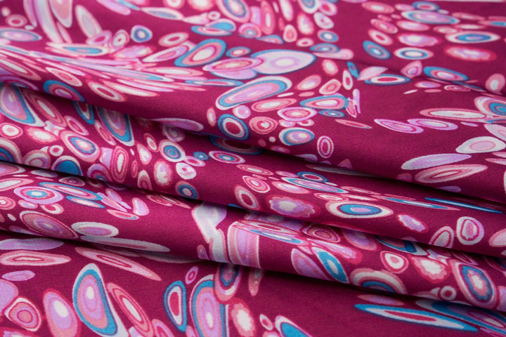 Faux silk charmeuse satin fabric by the yard - pink and blue circle pattern