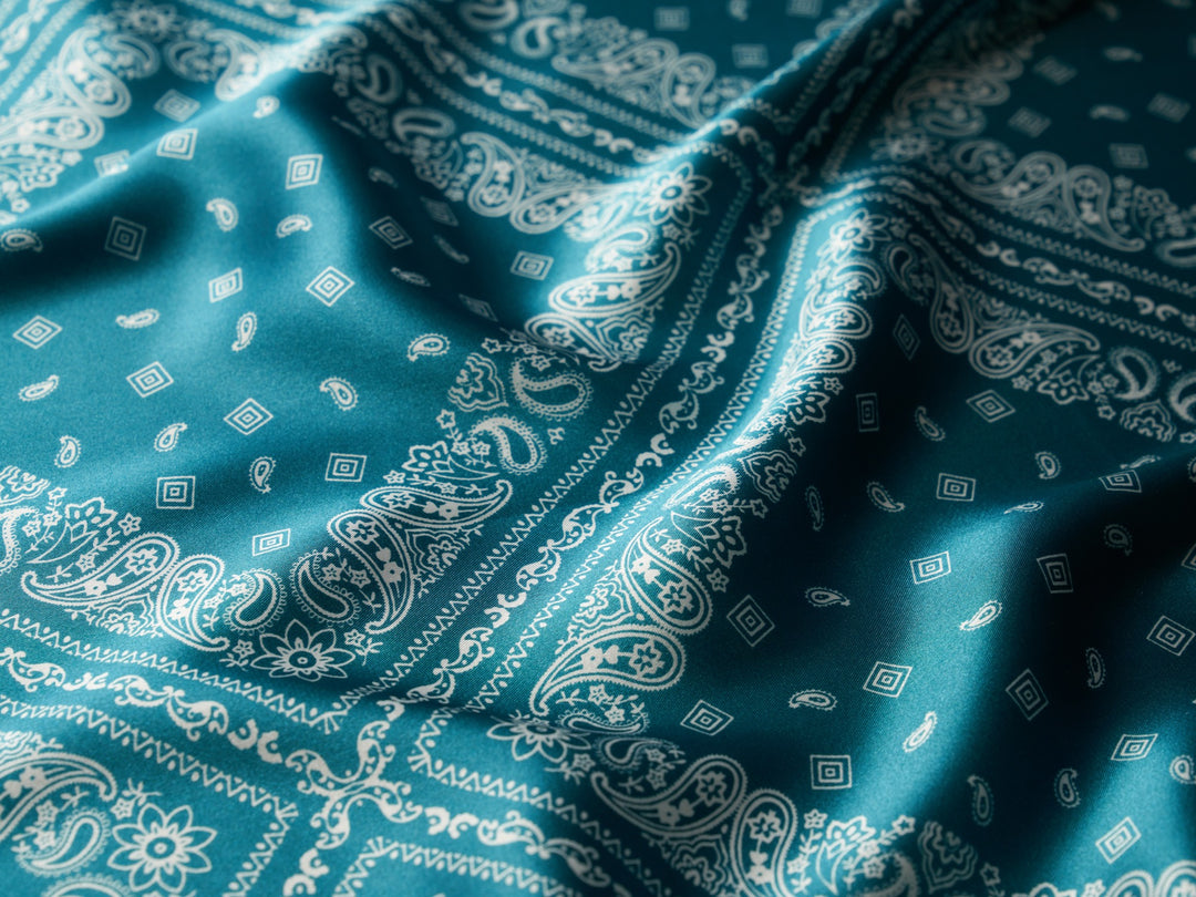 Charmeuse satin fabric by the yard - Turquoise Bandana Print