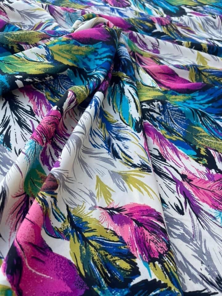 Crepe de Chine fabric by the yard -purple blue and green feather print