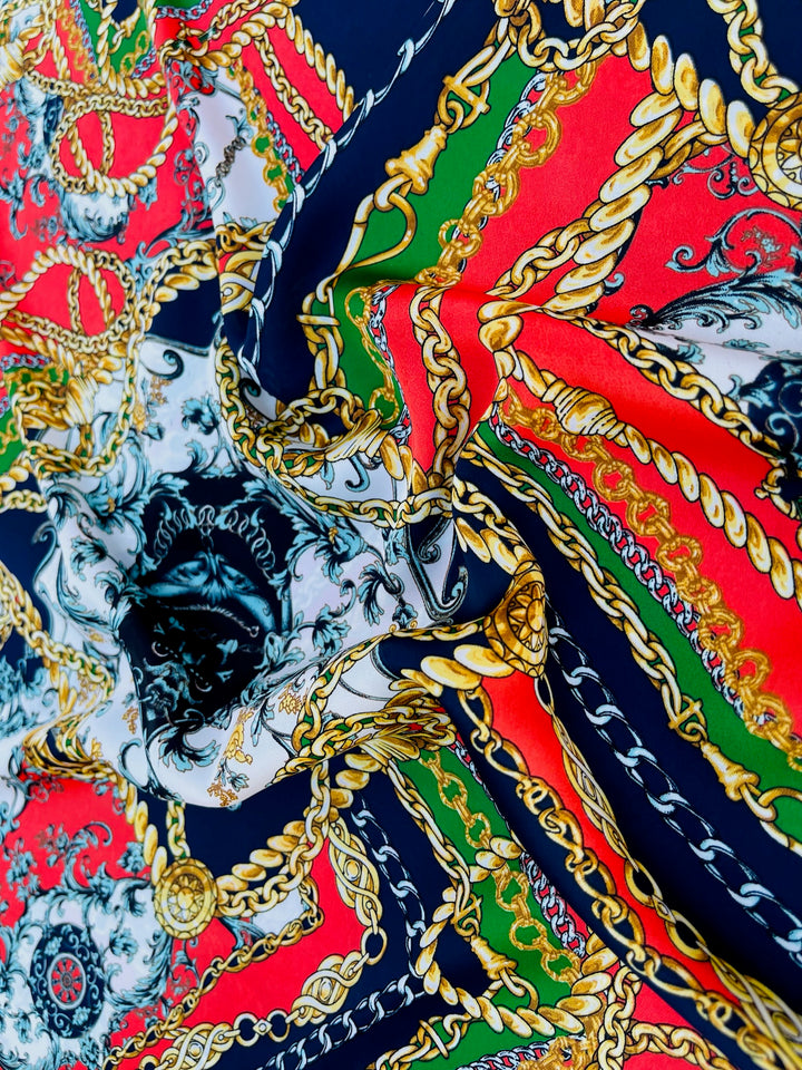 Lightweight Satin fabric by the yard - Navy, green, red and gold chain  print