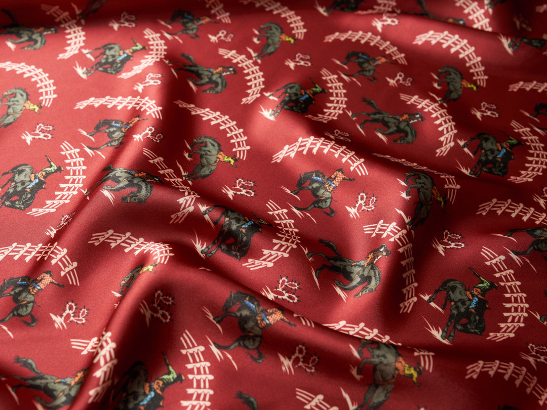 Charmeuse Satin sublimation print fabric by the yard - Red western rodeo inspired print