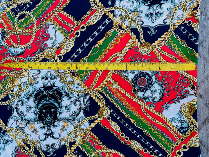 Lightweight Satin fabric by the yard - Navy, green, red and gold chain  print