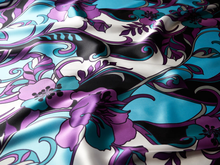 Charmeuse Satin fabric by the yard - Purple and teal Pucci inspired floral