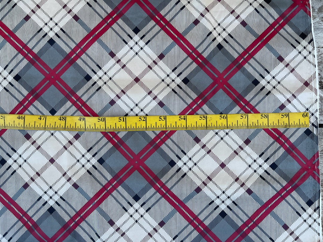 Lightweight stretch satin fabric by the yard -  gray red white plaid print