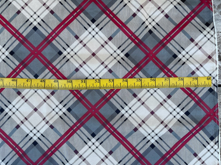 Lightweight stretch satin fabric by the yard -  gray red white plaid print