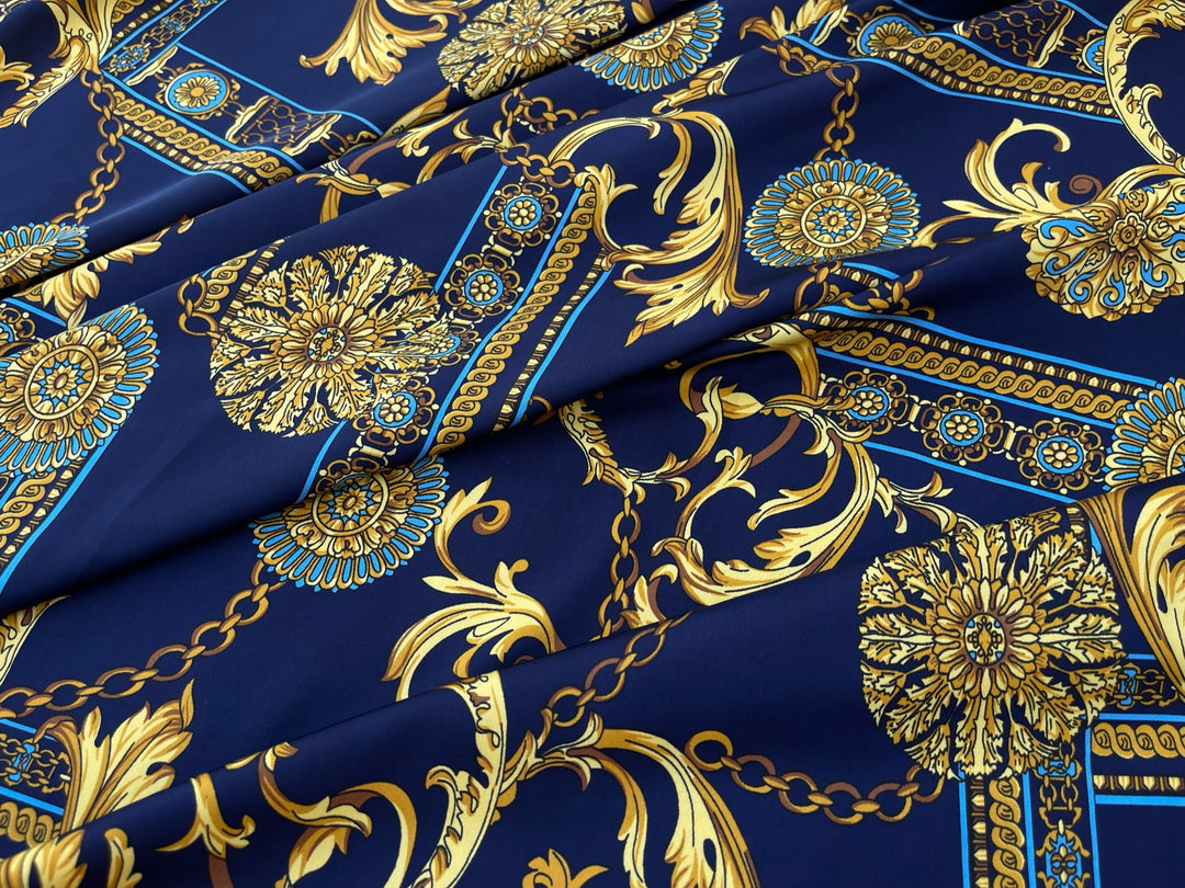 Faux silk charmeuse satin fabric by the yard - Blue floral and gold chains print