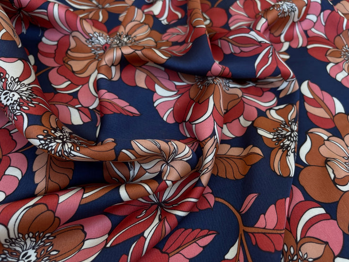 Lightweight  satin fabric by the yard - Navy floral