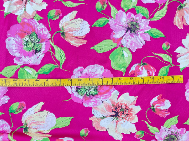 Lightweight satin fabric by the yard - Hot pink poppy floral