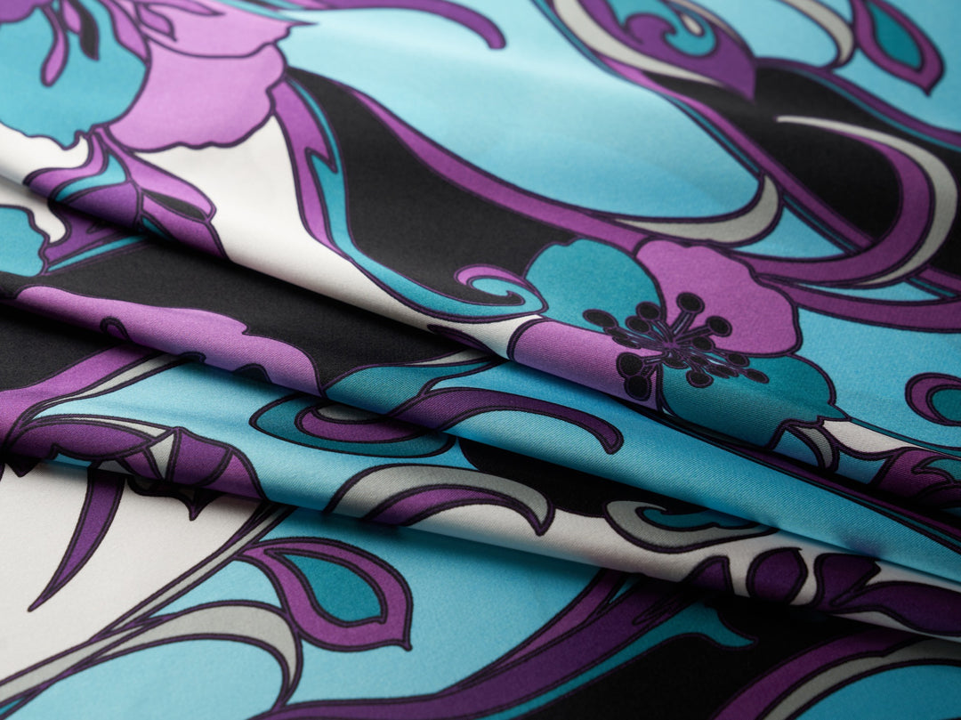 Charmeuse Satin fabric by the yard - Purple and teal Pucci inspired floral