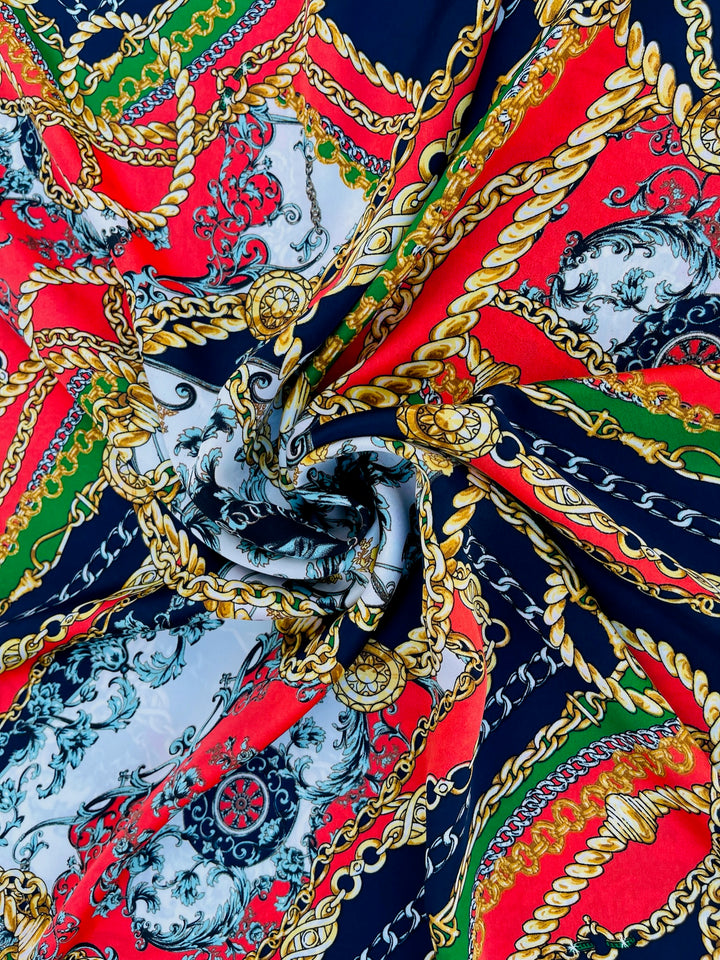 Lightweight Satin fabric by the yard - Navy, green, red and gold chain  print