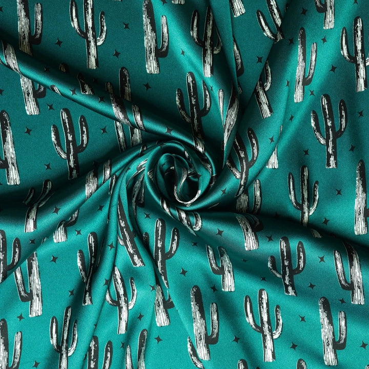 Charmeuse Satin print fabric by the yard - Cactus and dainty stars - western print