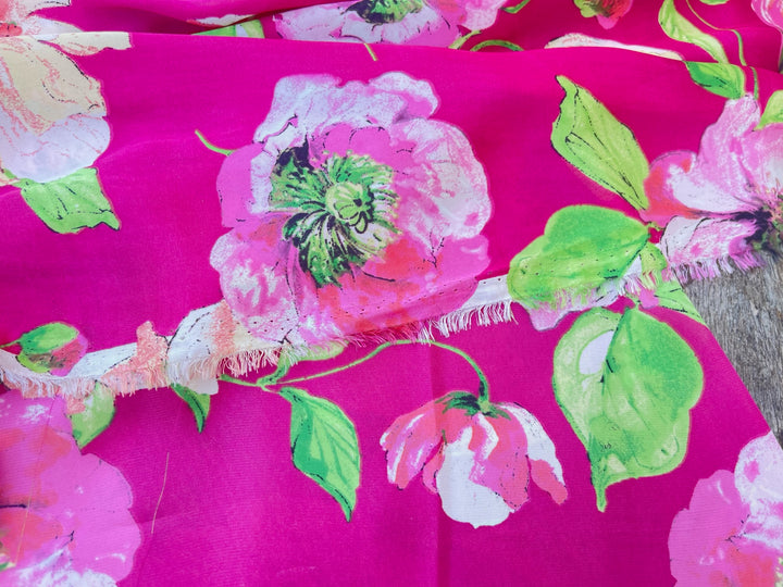 Lightweight satin fabric by the yard - Hot pink poppy floral