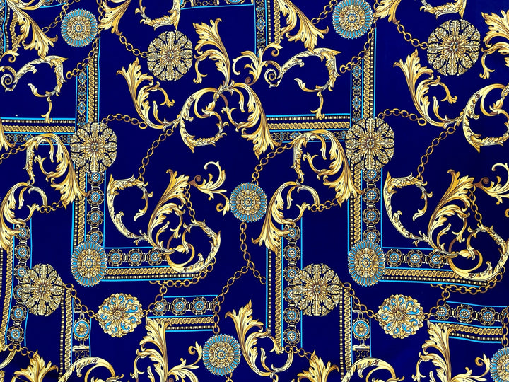 Faux silk charmeuse satin fabric by the yard - Blue floral and gold chains print