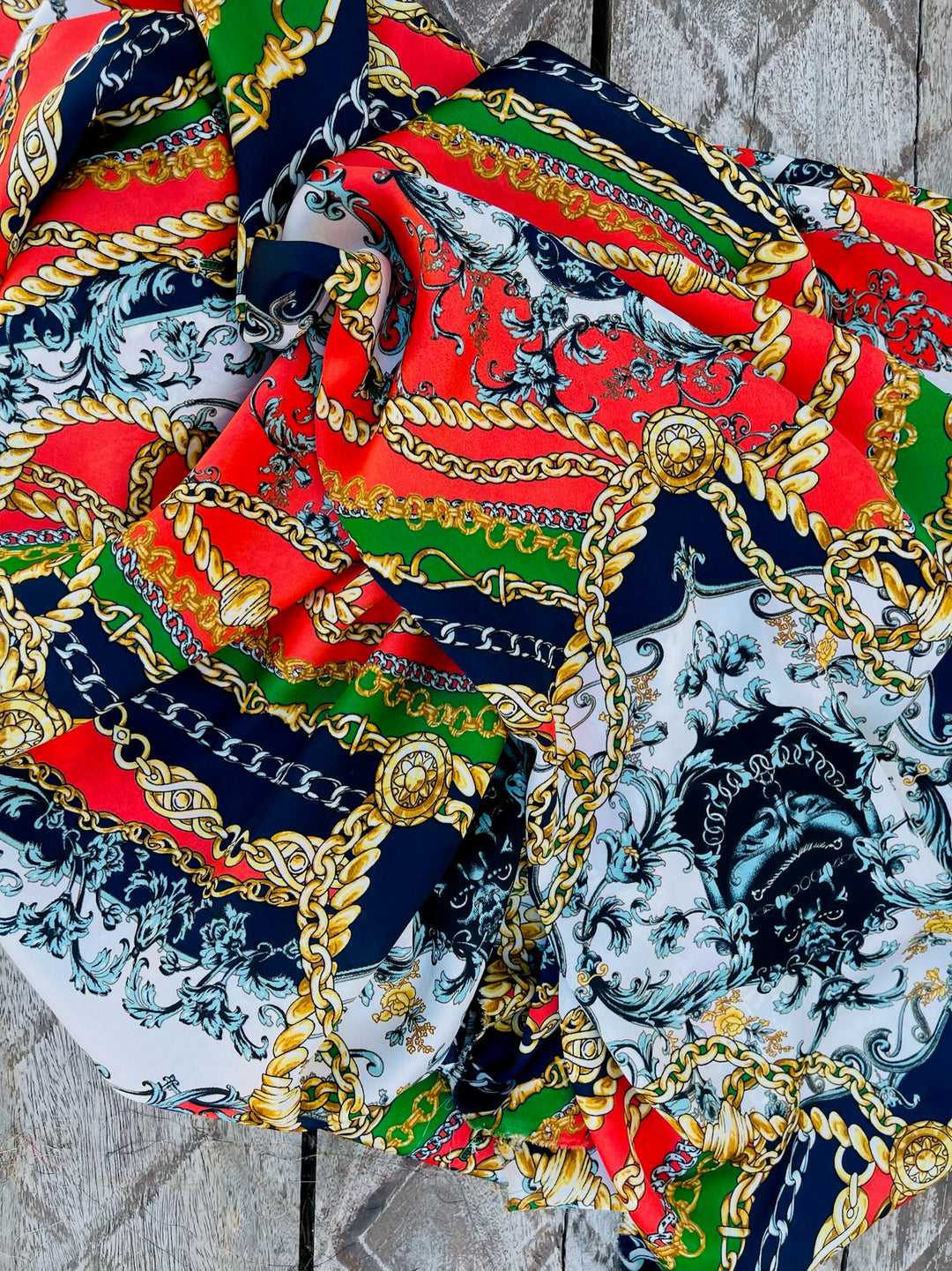 Lightweight Satin fabric by the yard - Navy, green, red and gold chain  print