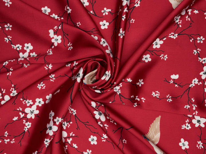 Lightweight  satin fabric by the yard - Red and white beautiful floral print