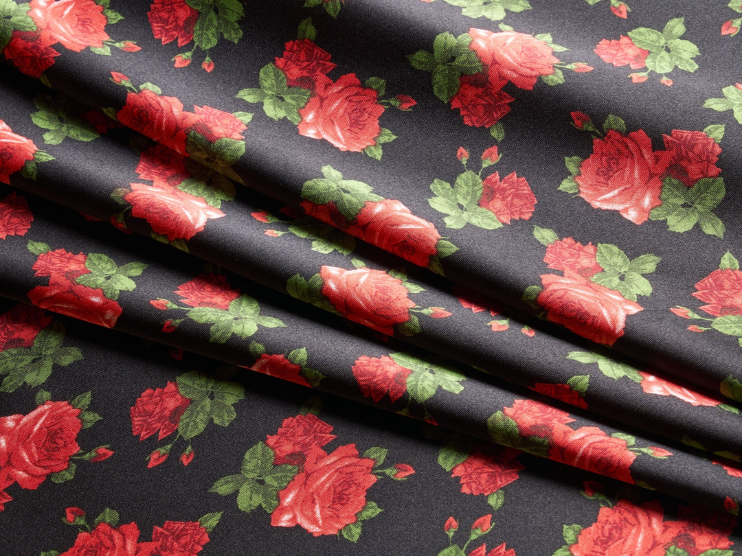 Charmeuse Satin fabric by the yard - Black and red rose floral print