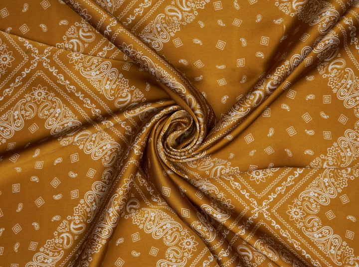 Charmeuse satin fabric by the yard - Mustard  Bandana Print