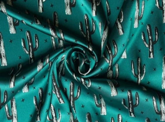 Charmeuse Satin print fabric by the yard - Cactus and dainty stars - western print