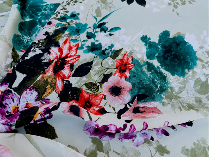 Lightweight  satin fabric by the yard - multicolor floral on sage background