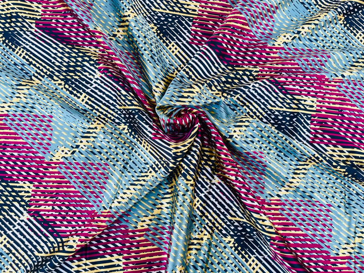 Faux silk charmeuse satin fabric by the yard - yellow blue white pink striped print