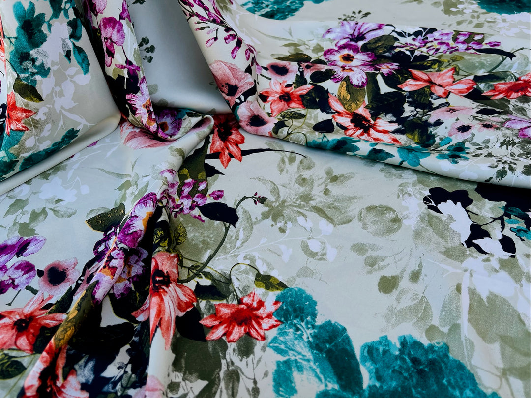 Lightweight  satin fabric by the yard - multicolor floral on sage background