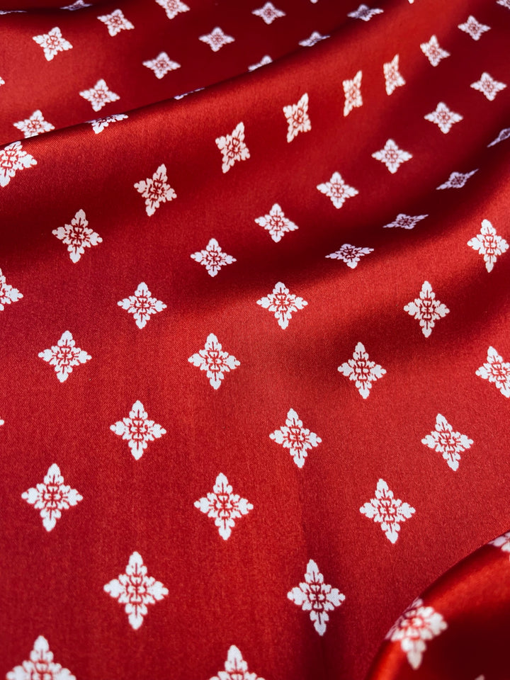 Charmeuse satin fabric by the yard - Red and white diamond print