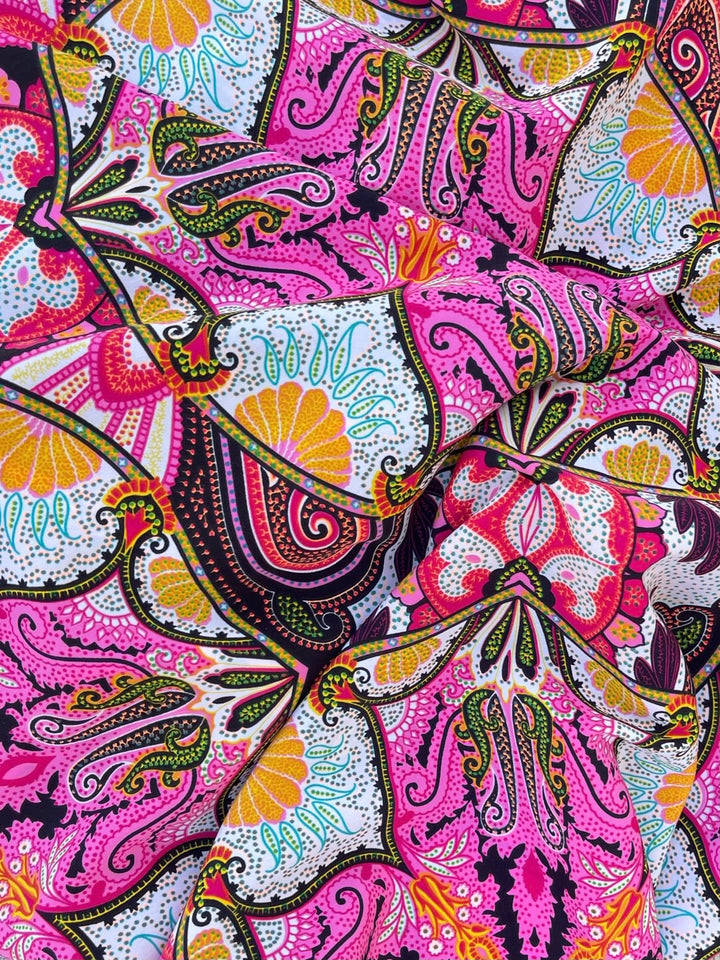 Peachskin  fabric by the yard - pink blue orange green and yellow floral paisley