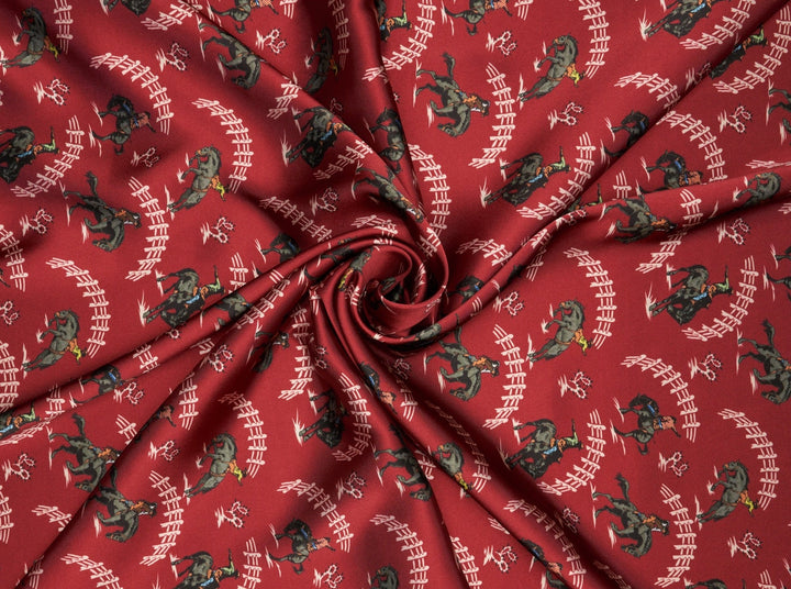 Charmeuse Satin sublimation print fabric by the yard - Red western rodeo inspired print