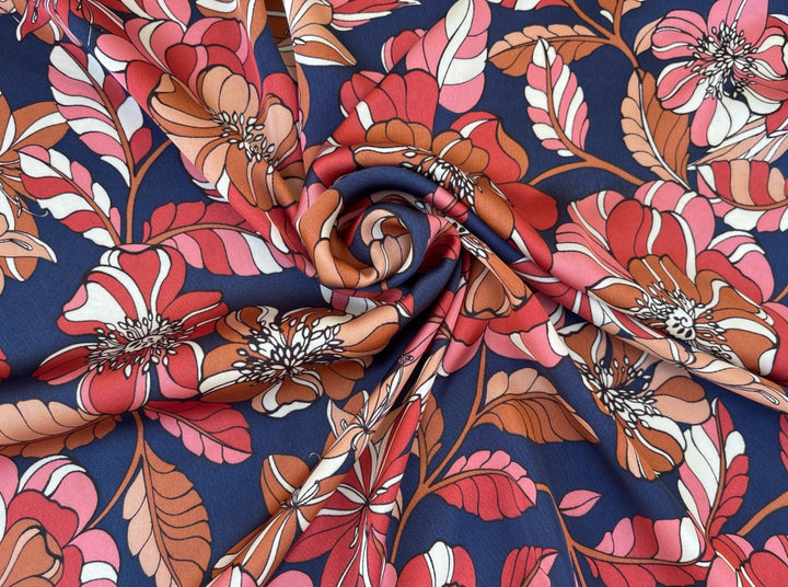 Lightweight  satin fabric by the yard - Navy floral