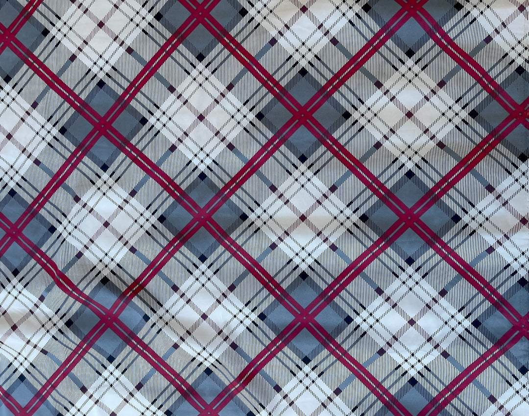 Lightweight stretch satin fabric by the yard -  gray red white plaid print