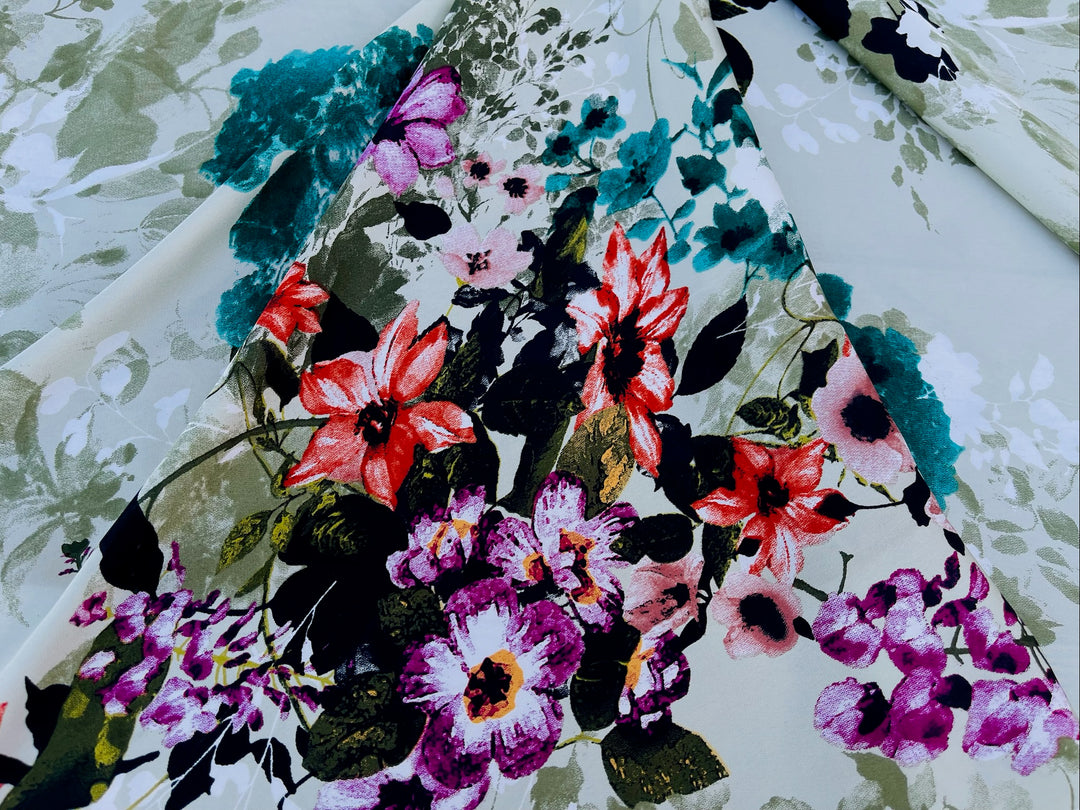 Lightweight  satin fabric by the yard - multicolor floral on sage background