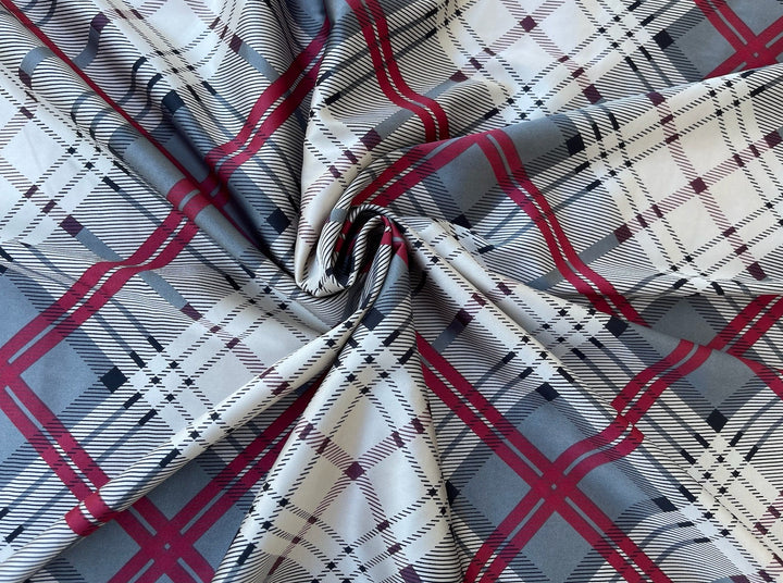 Lightweight stretch satin fabric by the yard -  gray red white plaid print