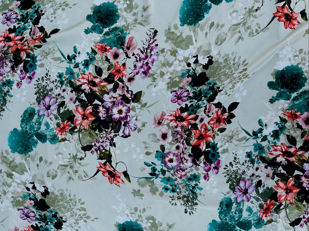 Lightweight  satin fabric by the yard - multicolor floral on sage background