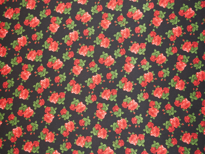 Charmeuse Satin fabric by the yard - Black and red rose floral print