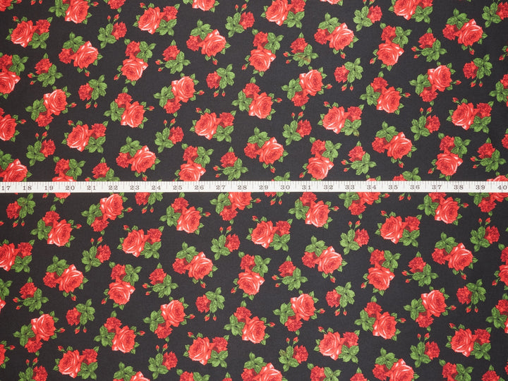 Charmeuse Satin fabric by the yard - Black and red rose floral print