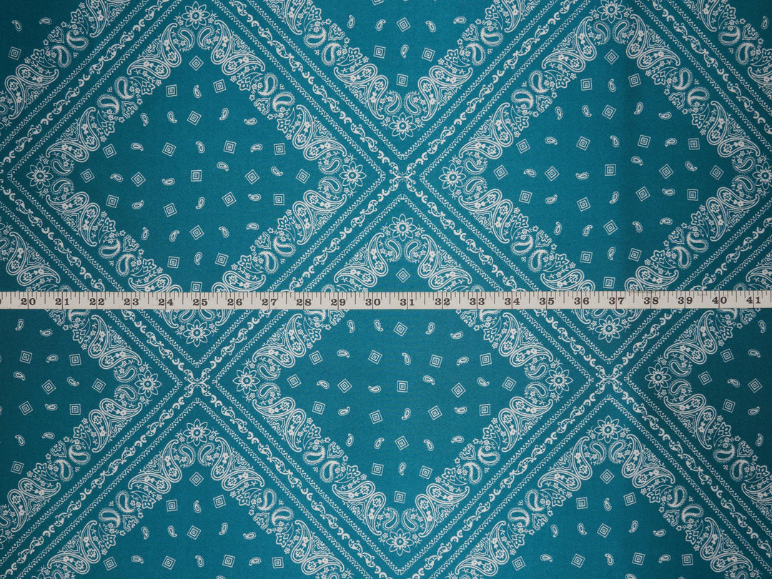 Charmeuse satin fabric by the yard - Turquoise Bandana Print