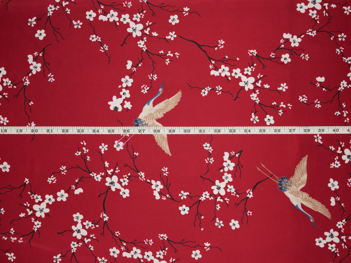 Lightweight  satin fabric by the yard - Red and white beautiful floral print