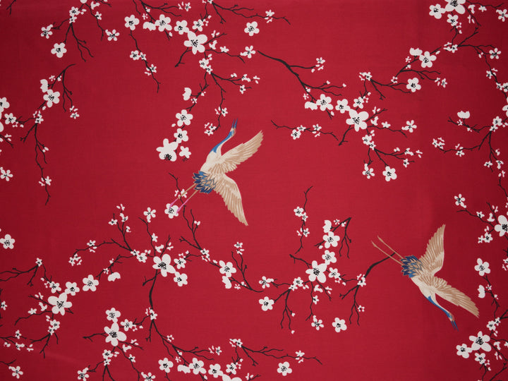 Lightweight  satin fabric by the yard - Red and white beautiful floral print