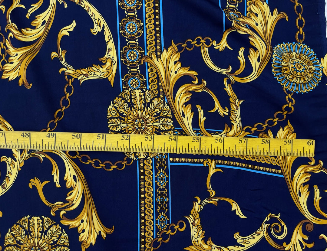 Faux silk charmeuse satin fabric by the yard - Blue floral and gold chains print