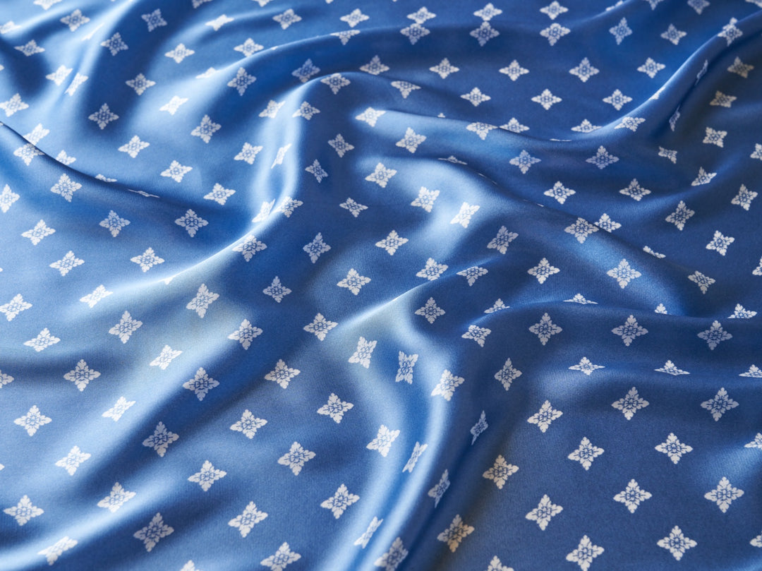 Charmeuse satin fabric by the yard - Blue and white diamond print