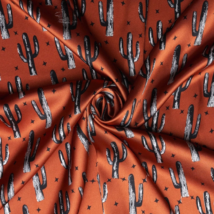 Charmeuse Satin print fabric by the yard - Cactus and dainty stars - western print