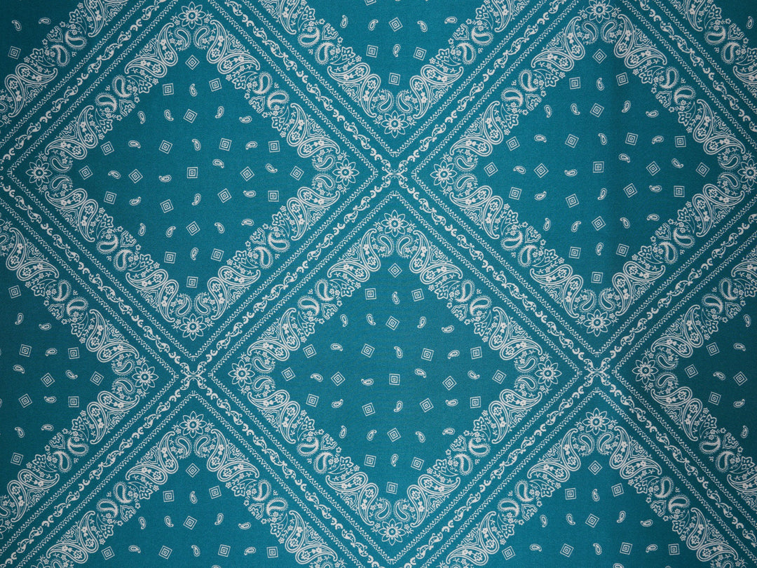 Charmeuse satin fabric by the yard - Turquoise Bandana Print