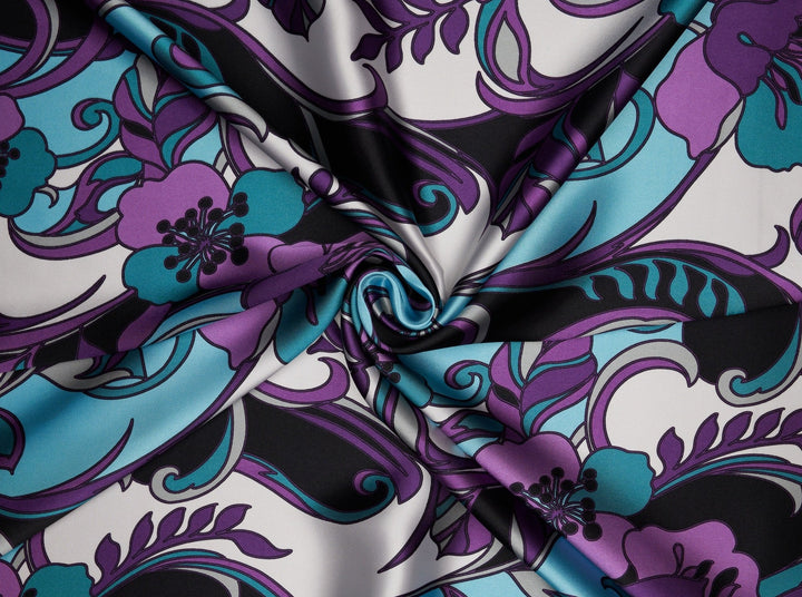 Charmeuse Satin fabric by the yard - Purple and teal Pucci inspired floral