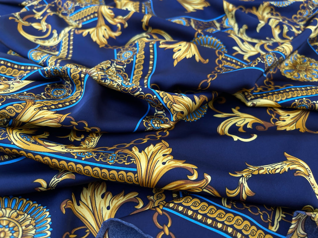 Faux silk charmeuse satin fabric by the yard - Blue floral and gold chains print