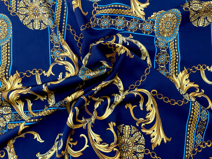 Faux silk charmeuse satin fabric by the yard - Blue floral and gold chains print